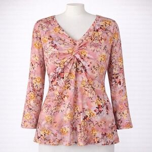 Vtg Y2K B. Mine Womens Blouse XL Long Sleeve V Neck Floral Pink Boho Romantic